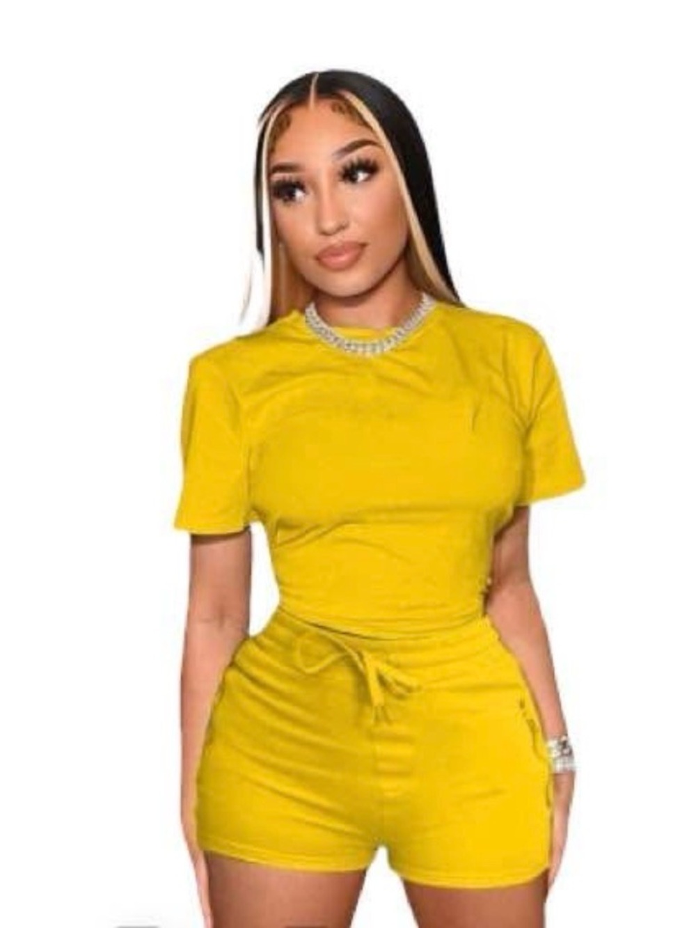 Women's Yellow Short Sleeve Crop Top and Shorts Set